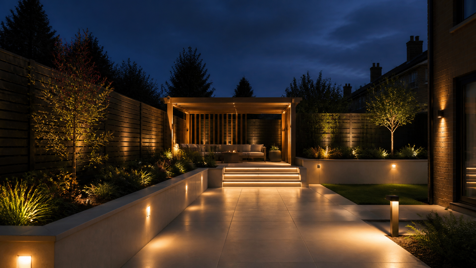 Contemporary British garden at dusk — concept visual